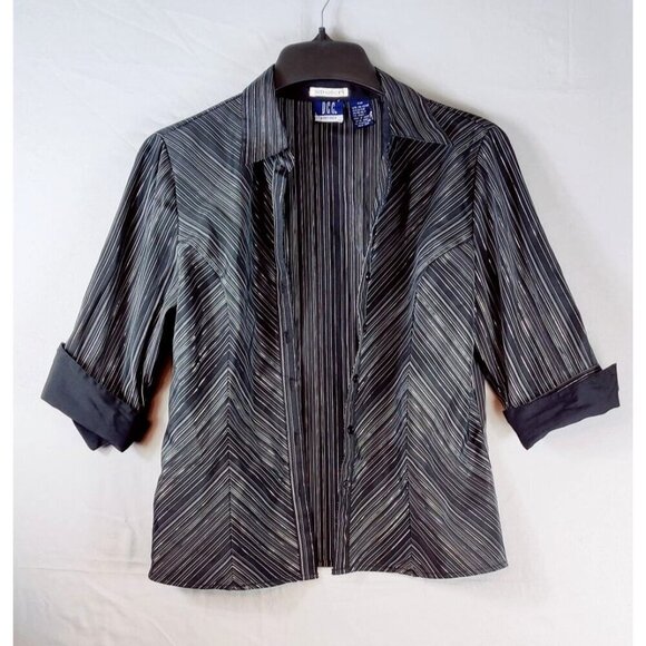 DCC Stretch Fitted Shirt Black Chevron Gray Pin Stripe Silver Thread 3/4 Sleeve - Picture 1 of 9